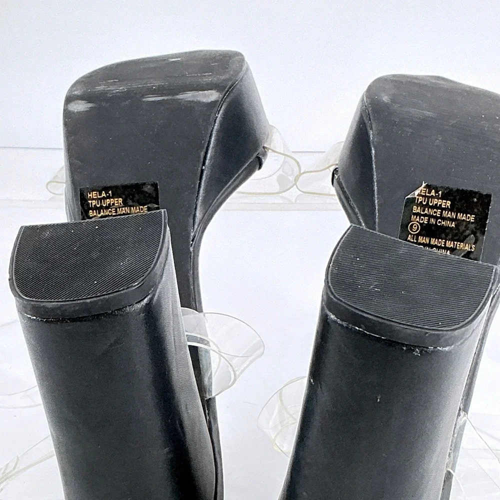 CHASE AND CHLOE Size 8.5 Black Clear Strap Platform Chunky‎ Heel Hela Sandals